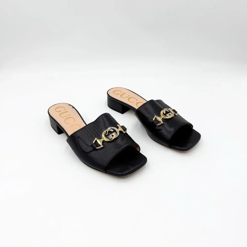 Gucci Zumi GG Horsebit Slide Sandals Black Mules EU 37.5 US 7.5